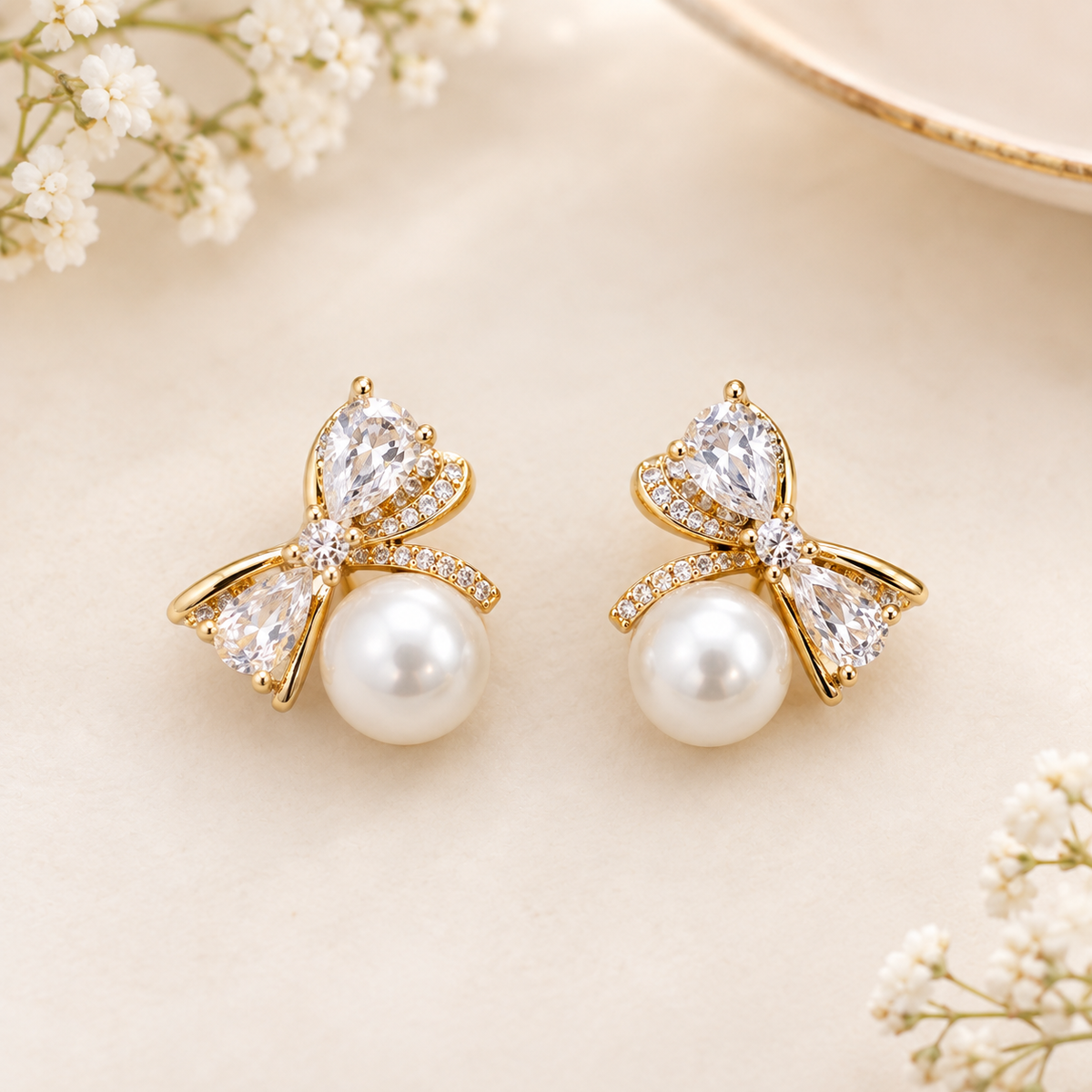 Botanical Bow Pearl CZ Earrings