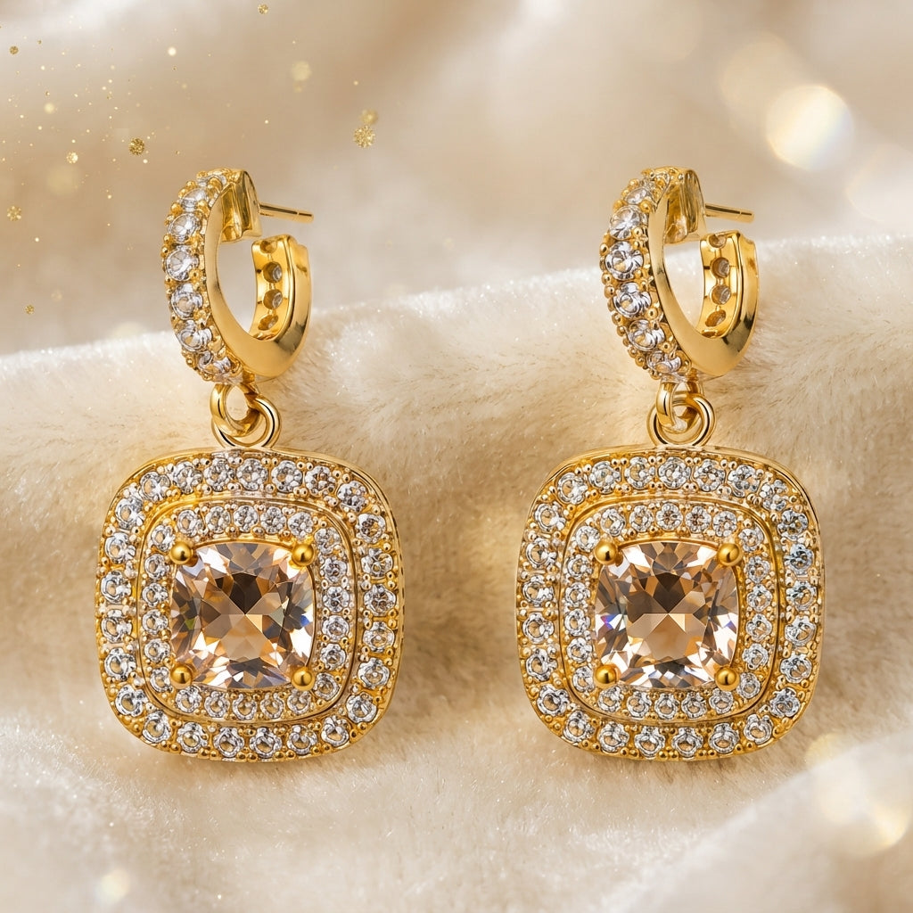 Radiant Halo CZ Cushion Drop Earrings
