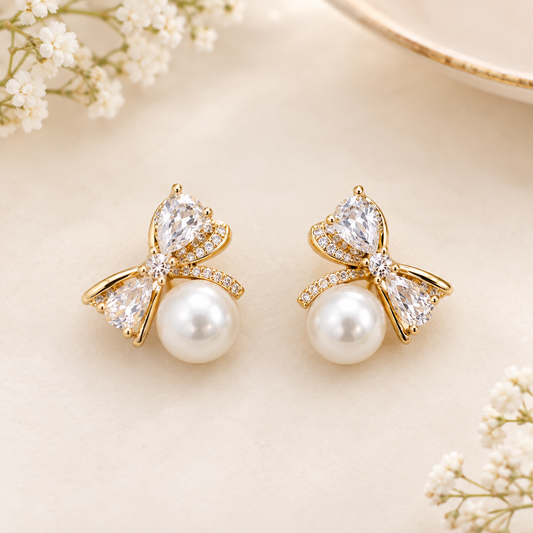 Botanical Bow Pearl CZ Earrings