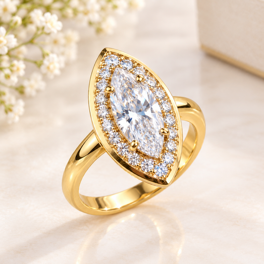 Elegant Marquise-Cut  Gold-Plated Halo Ring