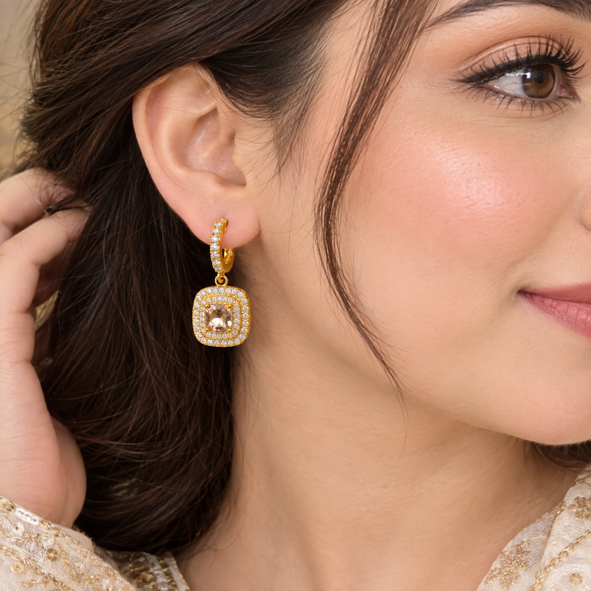 Radiant Halo CZ Cushion Drop Earrings