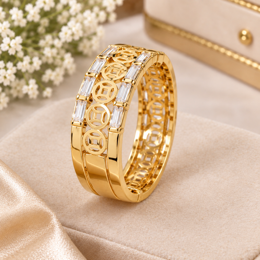 Gold-Plated Baguette Stone & Cut-Out Coin Band Ring