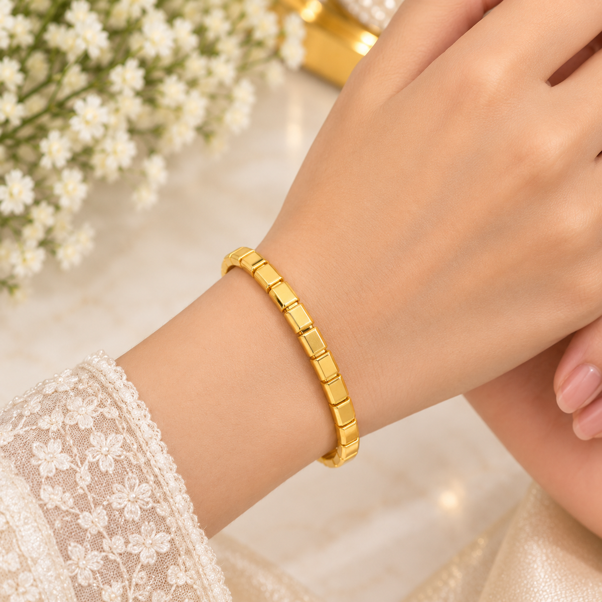 Gold Plated Stainless Steel Block Pattern Bracelet