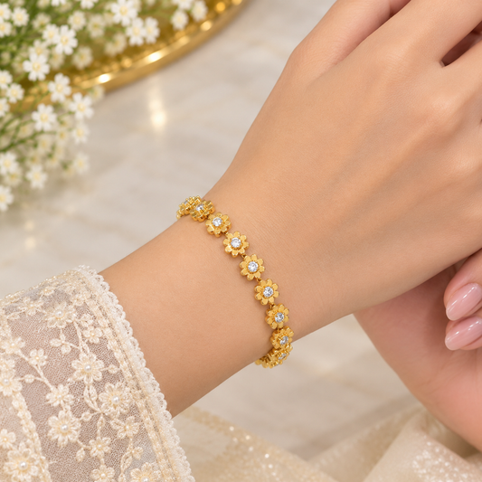 Gold Plated Stainless Steel Floral Crystal Bracelet