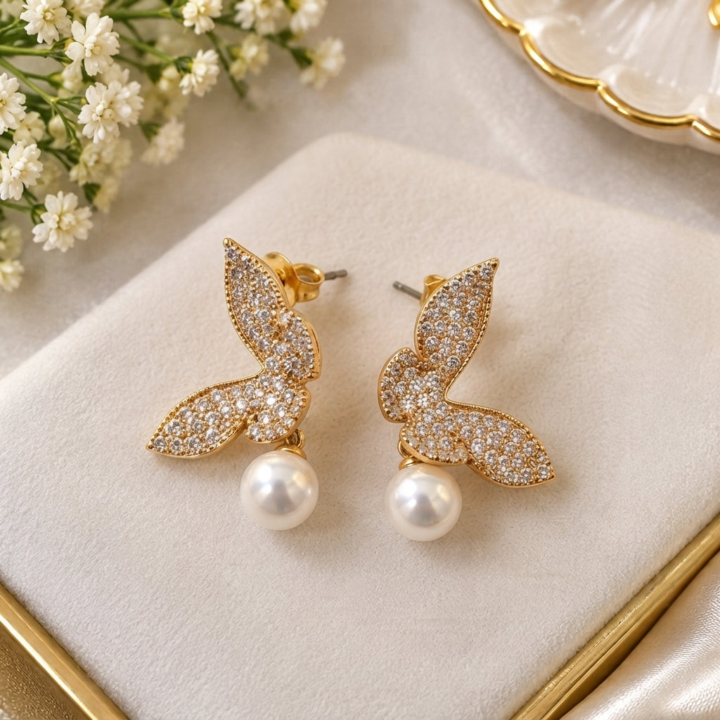 Elegant Gold & Pearl Butterfly Earrings