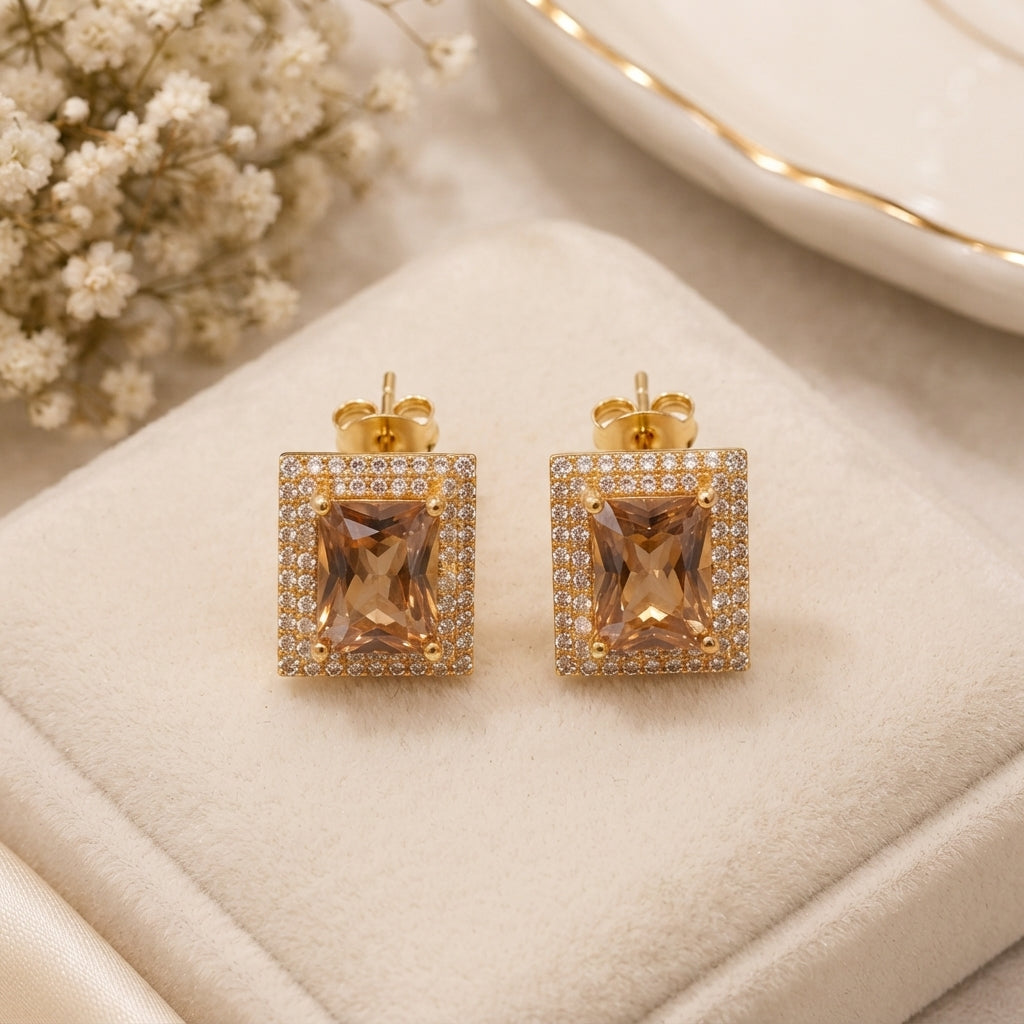 Luxurious Champagne CZ Gold Stud Earrings