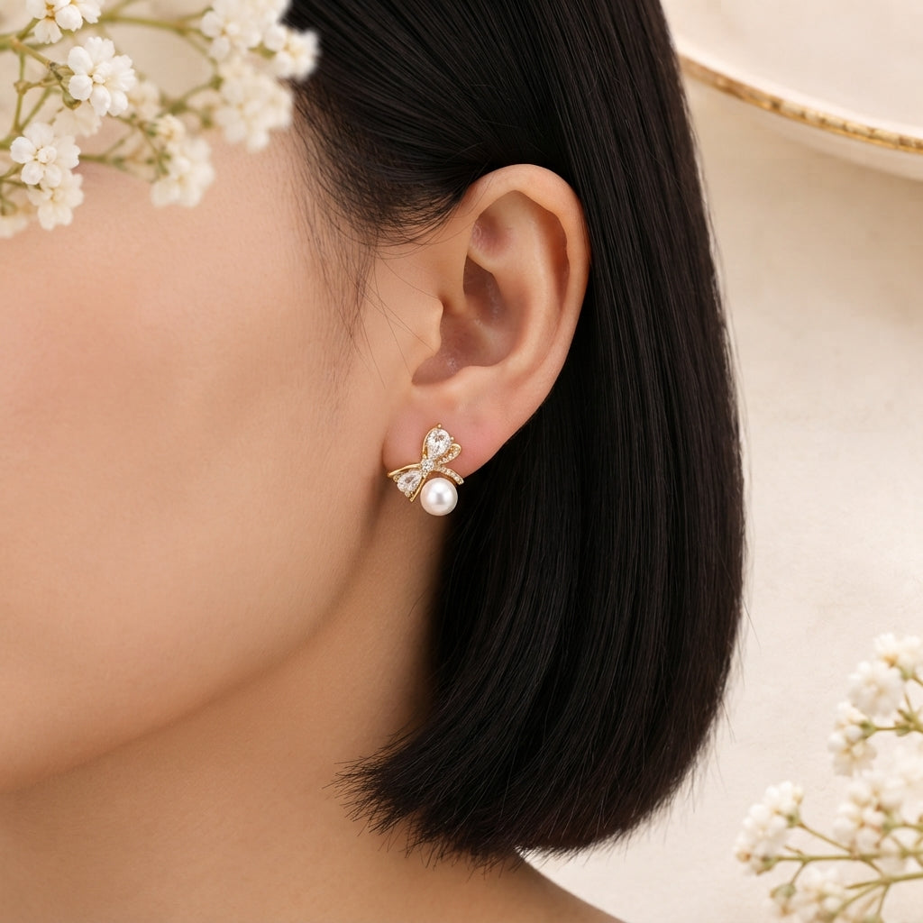 Botanical Bow Pearl CZ Earrings